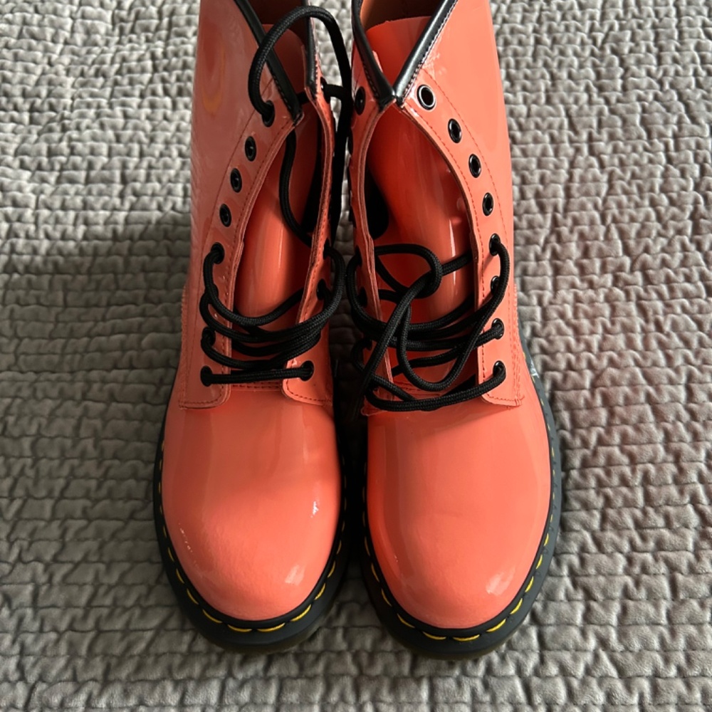 New Doc Dr Martens Clemency Coral Patent Boots, 10